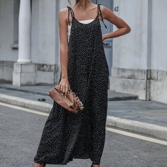 Farm Style Polka Dot Slant Pockets Tie Shoulder Jumpsuit Black - Picture 3 of 5